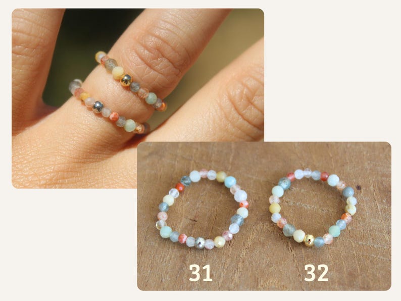May include: Two elastic rings made of small, multicolored gemstone beads in shades of blue, orange, and white, accented with single metallic spheres. The rings are labeled 31 and 32, featuring a delicate, circular design with varied bead textures.