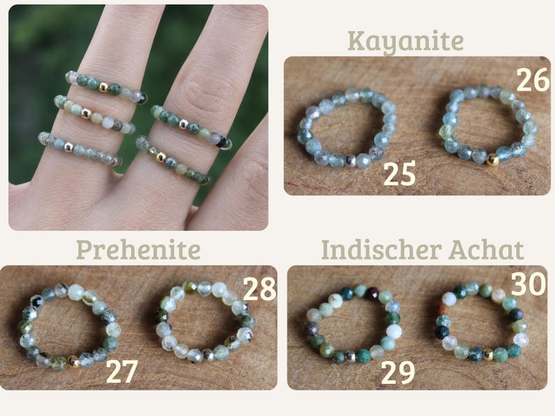 May include: A collection of beaded rings featuring faceted gemstones in shades of green, blue, and earth tones. Each ring includes a single metallic accent bead. The image displays rings labeled 25 through 30, categorized as Kayanite, Prehenite, and Indischer Achat.