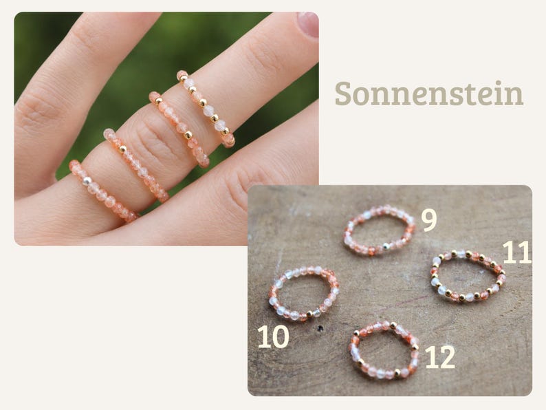 May include: A collection of beaded rings featuring small peach-colored stones and metallic accents. The rings are displayed on fingers and individually labeled with the numbers 9, 10, 11, and 12. The text Sonnenstein is visible in the upper right corner.