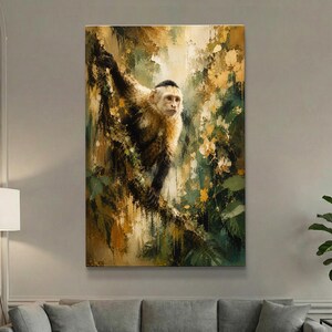 May include: A vertical wall art print featuring an oil painting of a white-headed capuchin monkey perched on a textured tree branch. The monkey has cream-colored fur on its head and shoulders, contrasting with dark limbs against a forest background.
