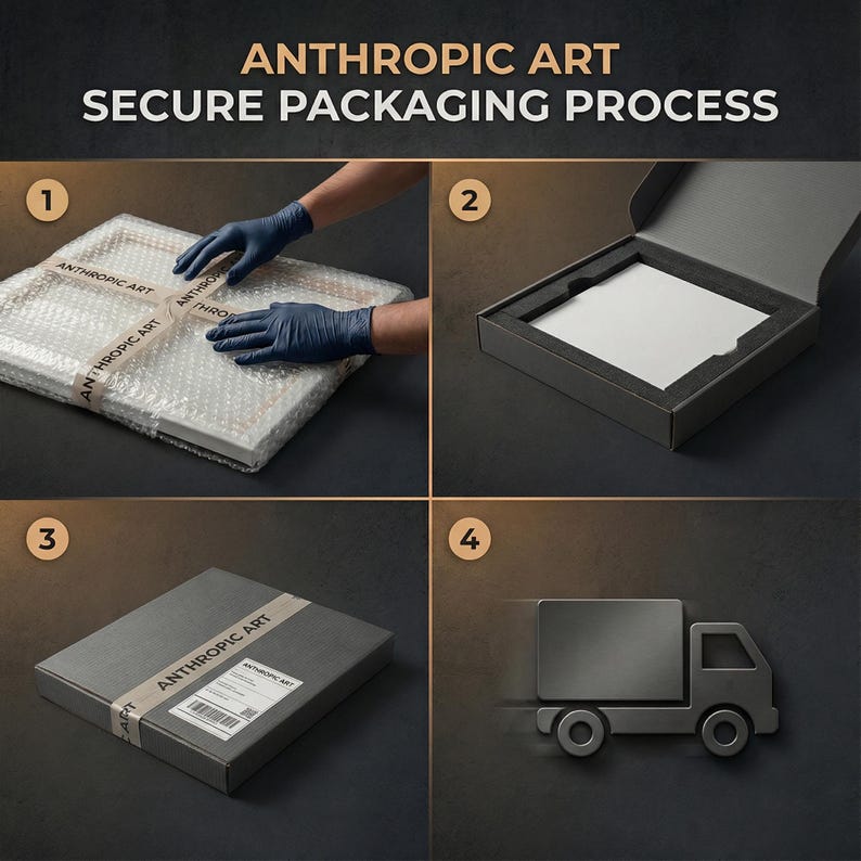 May include: A four-step process for secure packaging of Anthropic Art. The steps include wrapping the art in bubble wrap, placing it in a box with foam, sealing the box, and a graphic of a delivery truck.