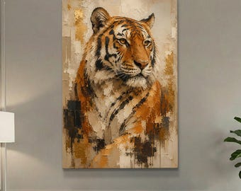 Puede incluir: Un cuadro rectangular vertical sobre lienzo que muestra el retrato de un tigre con pelaje naranja, negro y blanco. El fondo consiste en pinceladas abstractas y texturizadas en tonos beige, crema y dorado metálico.