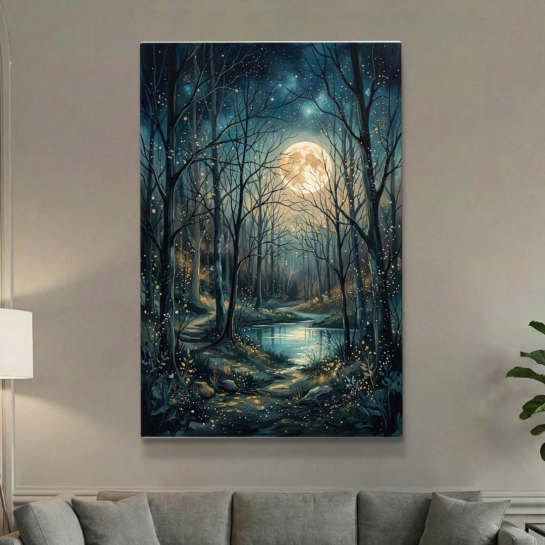 Vintage Dark Forest Landscape Nature Decor | Moon & Stars Wall Art ...