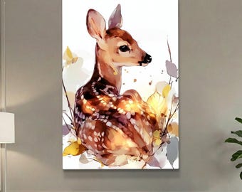 Baby Deer Wall Art | Cute Fawn Canvas Print | Soft Wildlife Illustration | Woodland Nursery Wall Decor