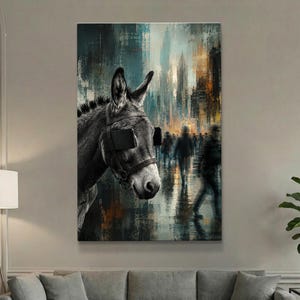 May include: A vertical wall art print featuring a donkey wearing black rectangular glasses in the foreground. The background depicts a blurred, abstract urban cityscape with silhouettes of people walking in a rainy, dimly lit street setting.