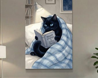 Night Stories Feline Art | Black Cat Reading Poster | Blue Eyes Kitten Illustration | Striped Blanket Wall Decor | Book Lover Bedtime Print