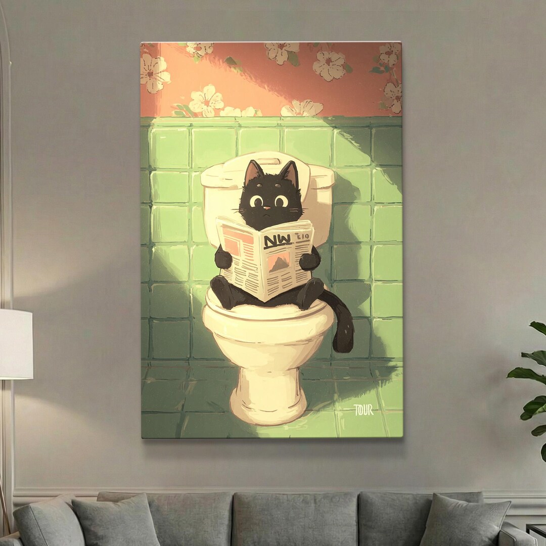 Funny Bathroom Art | Black Cat on Toilet | Reading Newspaper Print ...