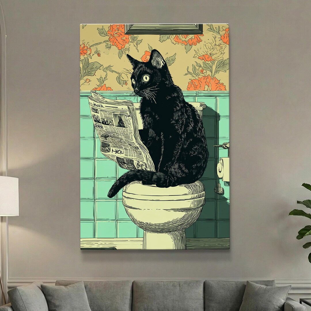 Funny Black Cat Bathroom Wall Art | Cat Sitting on Toilet Reading ...