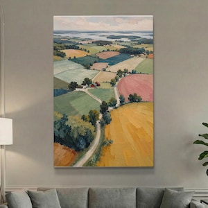 May include: A vertical oil painting depicting a rural landscape with a winding dirt road leading through patchwork fields of yellow, green, and pink. Small white and red farm buildings are nestled among trees under a pale, cloudy sky.
