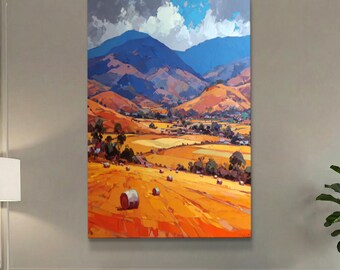 Landscape Wall Art | Farmhouse Canvas Print | Hay Bale Painting | Golden Field Decor | Impasto Mountain Art | Colorful Countryside