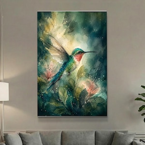 May include: Watercolor painting of a hummingbird in flight, showcasing vibrant teal, green, and red hues. The bird is surrounded by lush green foliage and delicate pink flowers, creating a serene, nature-inspired artwork.