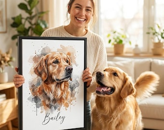 May include: A framed watercolor portrait of a Golden Retriever dog named Bailey. The artwork features shades of brown, gold, and gray. A real Golden Retriever dog is next to the portrait. The portrait is held by a person.