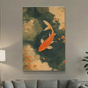 Zen Water Poster | Japanese Ripple Illustration | Koi Fish Wall Art | Minimal Green & Orange Print