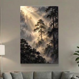 May include: A vertical wall art print depicting a dense forest landscape shrouded in thick fog. Golden sunlight streams through the trees, creating dramatic light rays that illuminate the misty atmosphere and dark silhouettes of pine trees.