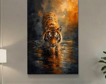 Puede incluir: Una impresión de arte mural rectangular que presenta una pintura al óleo de un tigre caminando por aguas poco profundas. El tigre tiene rayas naranjas y negras, y el fondo consiste en pinceladas abstractas y texturizadas en tonos oro, ámbar y gris carbón oscuro.