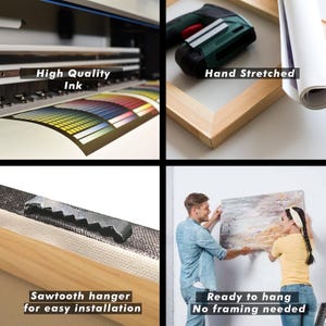 May include: Image showcasing the production and installation of artwork. Features include "High Quality Ink," a hand-stretched canvas, a sawtooth hanger for easy installation, and the text "Ready to hang, No framing needed."