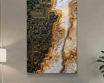 May include: Abstract wall art featuring a split design. One side showcases a detailed circuit board with black squares and gold accents. The other side displays a natural agate pattern with white, gold, and brown tones, creating a unique contrast.