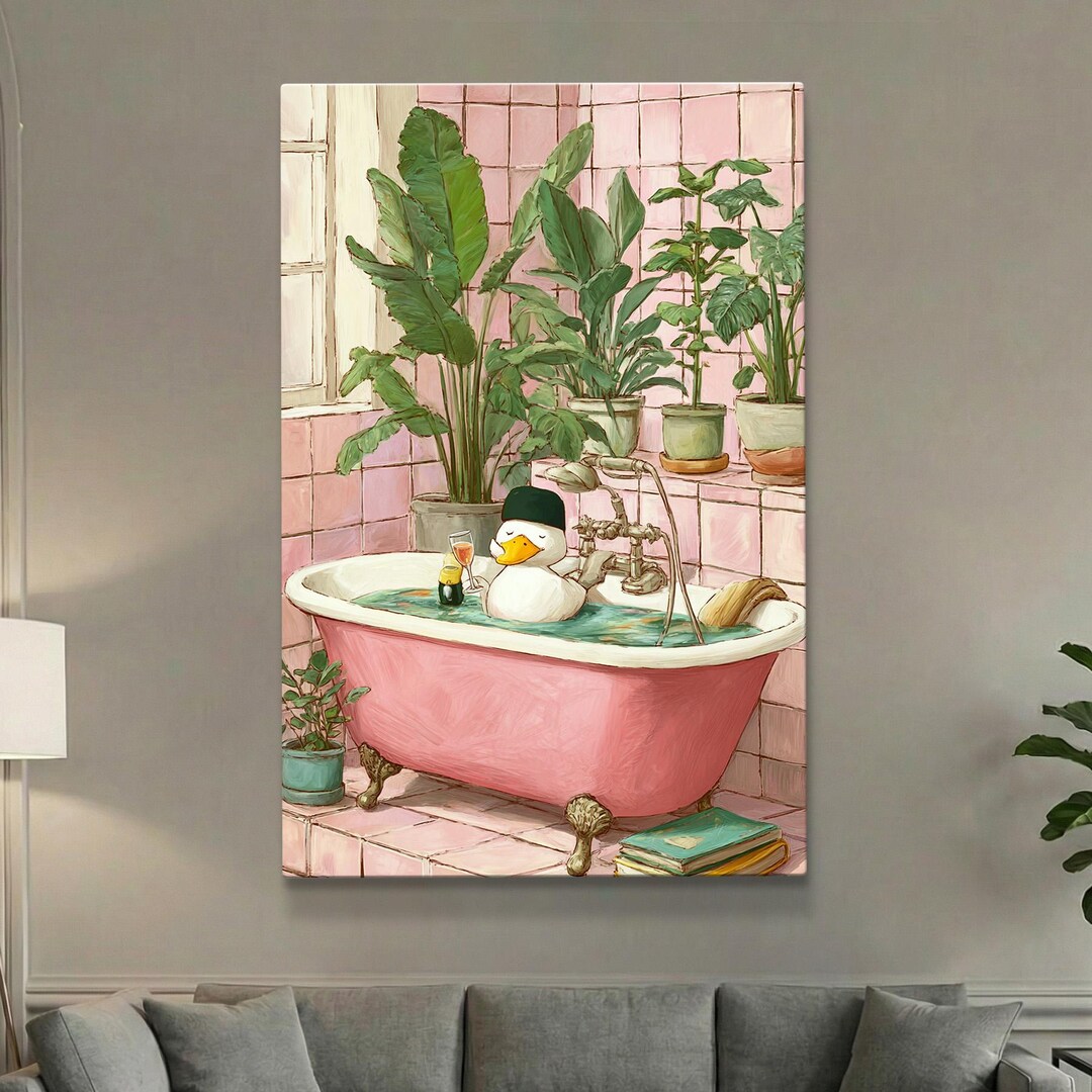 Duck in Bathtub Print | Pink Bathroom Wall Art | Botanical Plant Decor ...