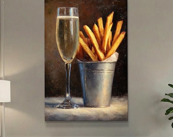 Pomme Frites and Champagne Bar Cart Art Print | Cocktail Art Bar Cart Decor | French Fries | Trendy Kitchen Wall Art