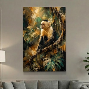 May include: A vertical wall art print featuring a capuchin monkey with cream-colored fur on its head and shoulders and dark fur on its body, perched on a thick tree branch amidst a dense, painterly jungle background with large green leaves.