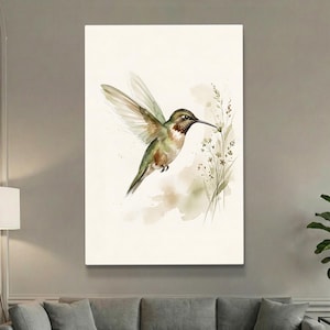 May include: Watercolor painting of a hummingbird in flight, depicted with green, brown, and white hues. The bird is reaching towards delicate, light-colored flowers. The artwork has a soft, airy feel, perfect for home decor.