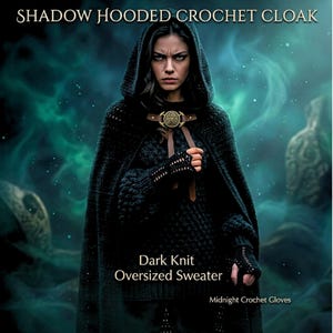 May include: A black hooded crochet cloak with a brown leather clasp featuring a gold triskelion emblem, worn over a dark knit oversized sweater and matching black crochet fingerless gloves. Text reads SHADOW HOODED CROCHET CLOAK, Dark Knit Oversized Sweater, and Midnight Crochet Gloves.