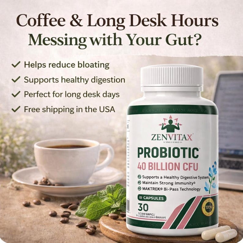 May include: A white bottle of Zenvitax Probiotic with 40 Billion CFU, next to a cup of coffee and capsules. The label includes text about digestive health and the number of capsules. The image also includes the text: Coffee & Long Desk Hours Messing with Your Gut?