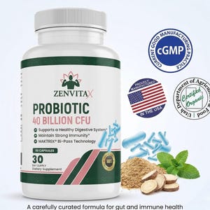 May include: A white bottle of Zenvitax Probiotic 40 Billion CFU capsules. The label includes text about digestive and immune support, and the bottle is surrounded by images of ingredients and seals indicating quality and origin.