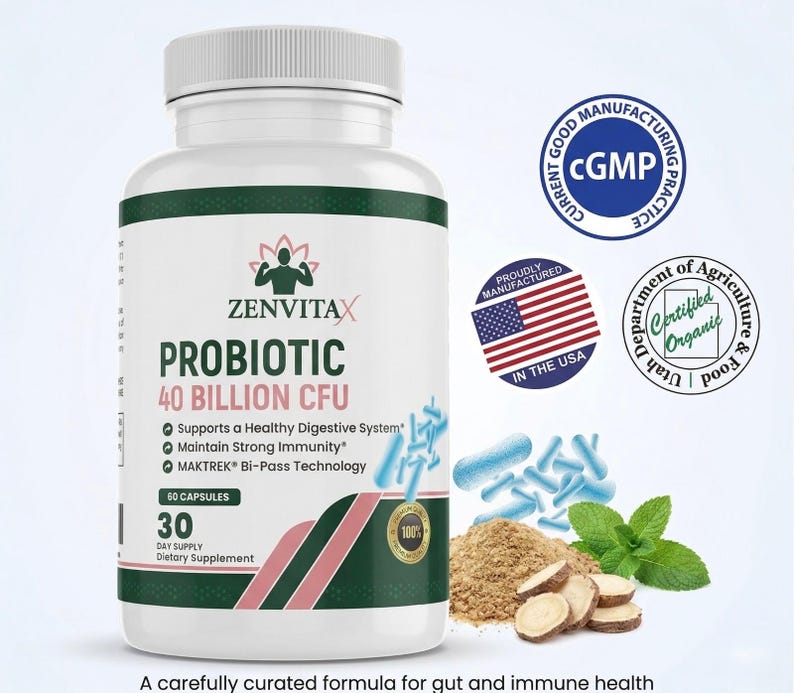 May include: A white bottle of Zenvitax Probiotic 40 Billion CFU capsules. The label includes text about digestive and immune support, and the bottle is surrounded by images of ingredients and seals indicating quality and origin.