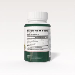 May include: A white plastic bottle with a white lid, green label, and supplement facts. The label lists ingredients like Organic Ashwagandha and Organic Black Pepper. The bottle contains 60 capsules.