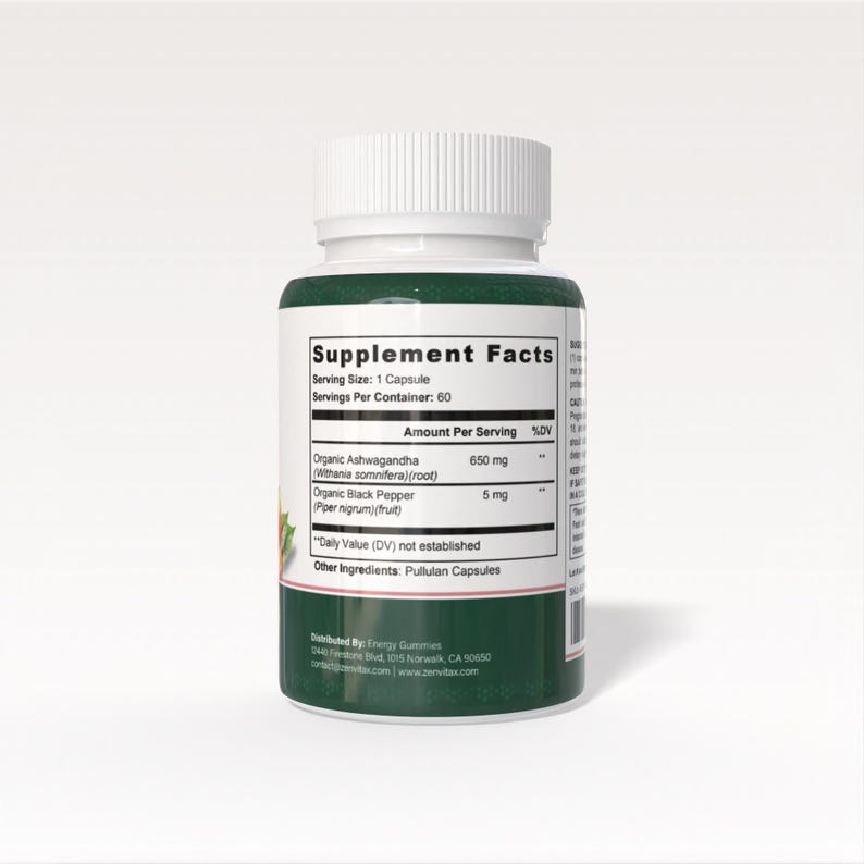 May include: A white plastic bottle with a white lid, green label, and supplement facts. The label lists ingredients like Organic Ashwagandha and Organic Black Pepper. The bottle contains 60 capsules.