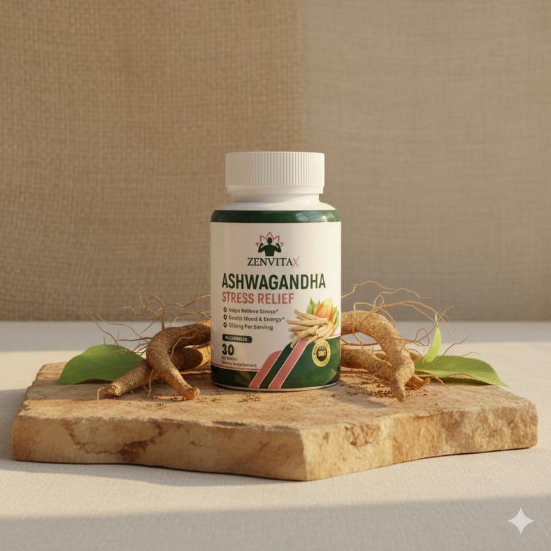 May include: A white bottle of ZenVita Ashwagandha Stress Relief capsules. The label features text and illustrations of the product's ingredients. The bottle is on a stone block with ashwagandha roots and leaves.
