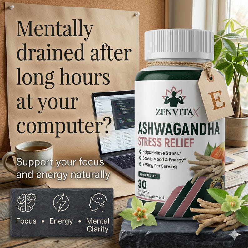 May include: A bottle of Zenvitax Ashwagandha Stress Relief capsules with a tag labeled "E". The image includes text that reads "Mentally drained after long hours at your computer?" and "Support your focus and energy naturally."