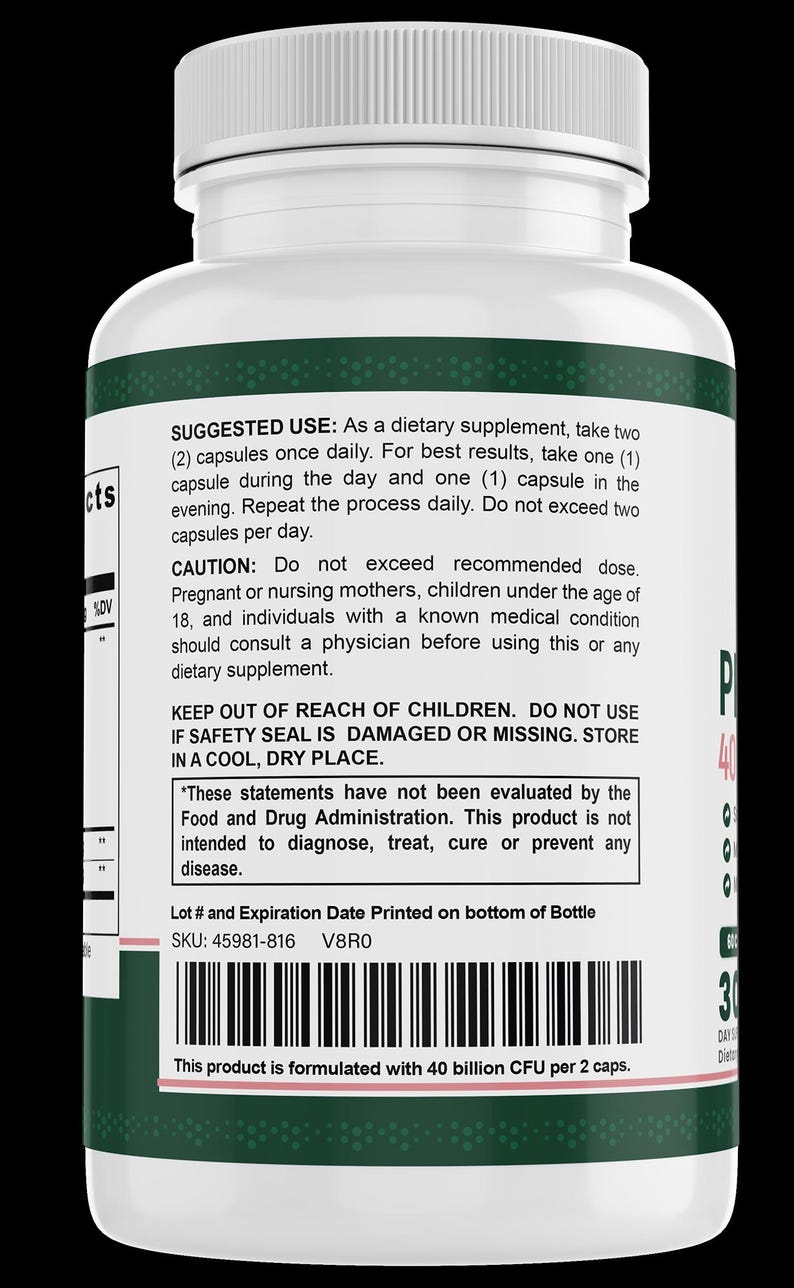 May include: White bottle of dietary supplement capsules with a green label. The label includes usage instructions, warnings, and the product's formulation with 40 billion CFU per 2 caps. The bottle has a white cap.