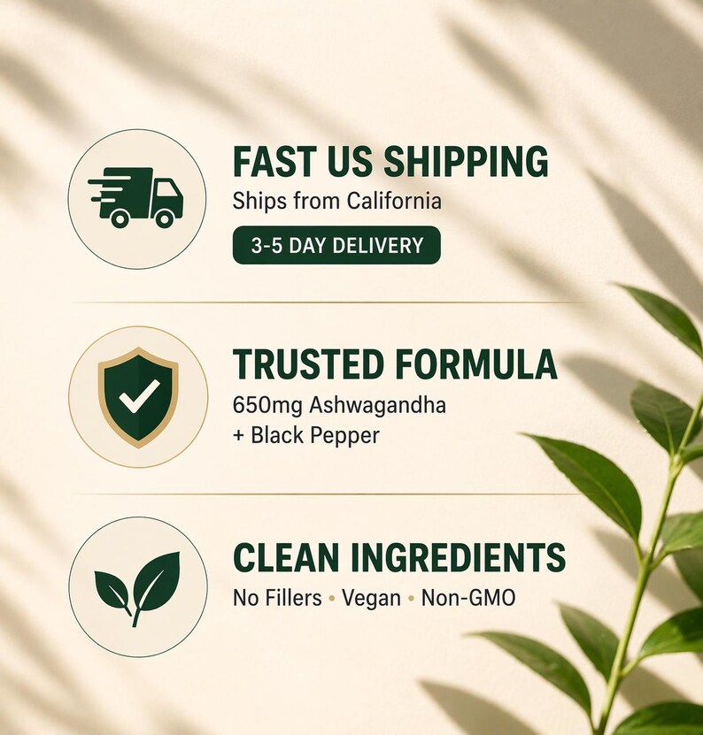 May include: An image with text that reads "FAST US SHIPPING", "TRUSTED FORMULA", and "CLEAN INGREDIENTS". The "TRUSTED FORMULA" text includes "650mg Ashwagandha + Black Pepper". The "CLEAN INGREDIENTS" text includes "No Fillers, Vegan, Non-GMO".