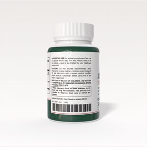 May include: A white plastic bottle with a white cap and a green label. The label includes text about suggested use, cautions, and storage. The bottle contains 30 capsules.