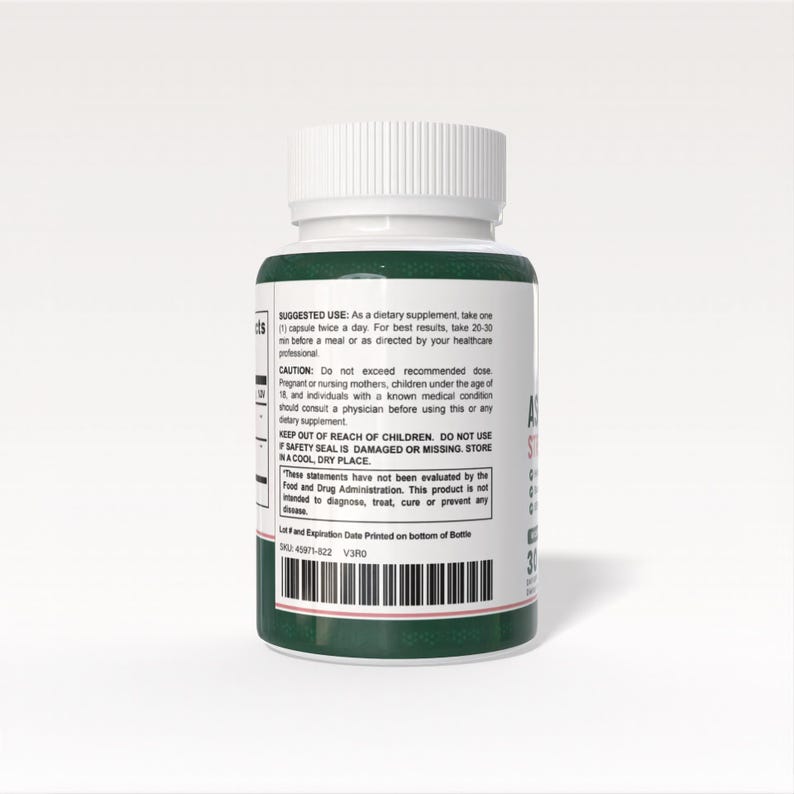 May include: A white plastic bottle with a white cap and a green label. The label includes text about suggested use, cautions, and storage. The bottle contains 30 capsules.