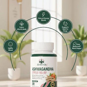 May include: A white bottle of Zenvitax Ashwagandha Stress Relief capsules. The label includes text about stress relief, mood, and energy. The image also features icons for natural energy boost, restful sleep, and mood uplift.