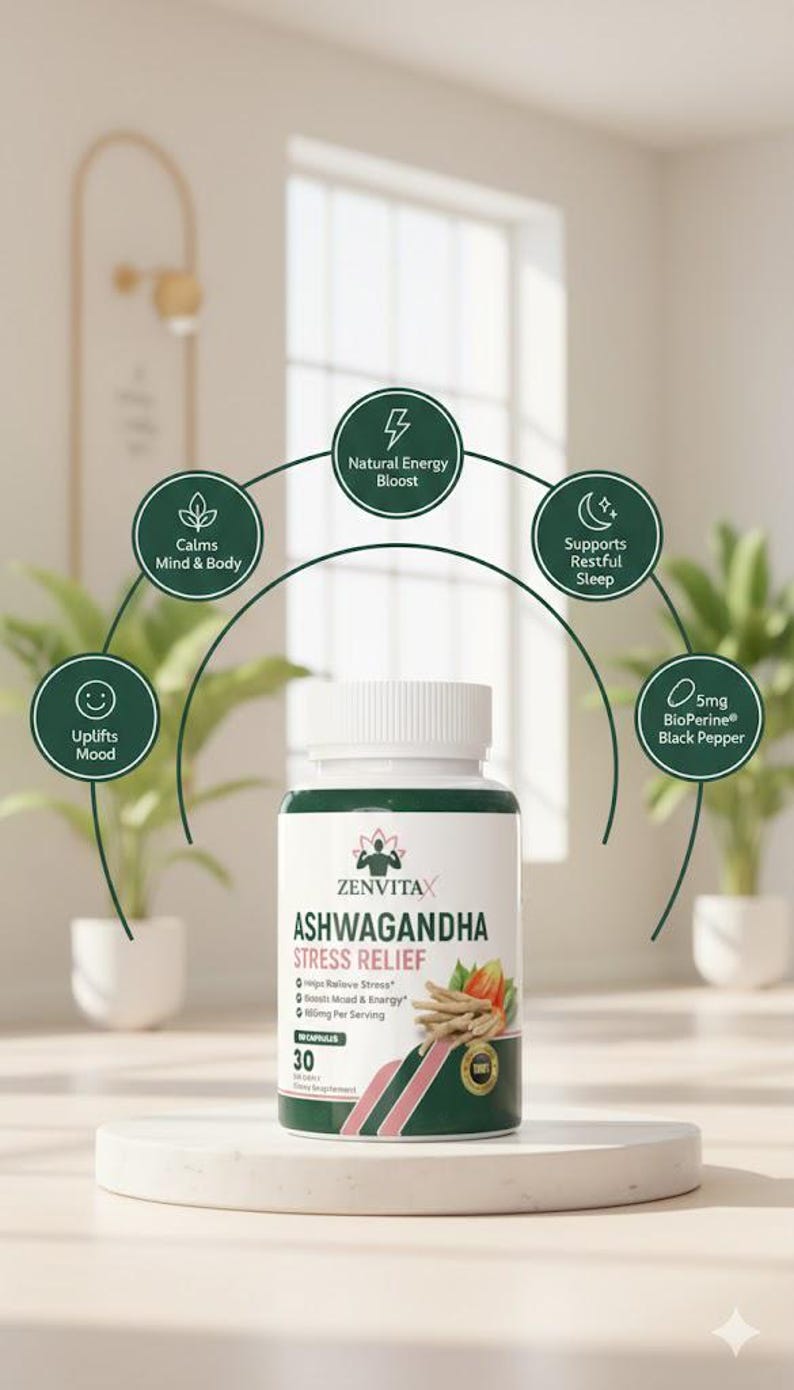 May include: A white bottle of Zenvitax Ashwagandha Stress Relief capsules. The label includes text about stress relief, mood, and energy. The image also features icons for natural energy boost, restful sleep, and mood uplift.