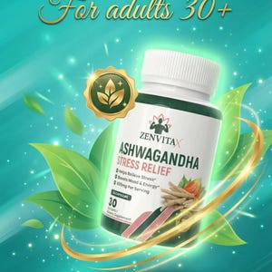 May include: A bottle of Zenvitax Ashwagandha Stress Relief capsules. The label highlights the product's benefits and contains the text "Helps Relieve Stress" and "Boosts Mood & Energy". The image also includes the text "For adults 30+" and "Visit zenvitax.com for more".