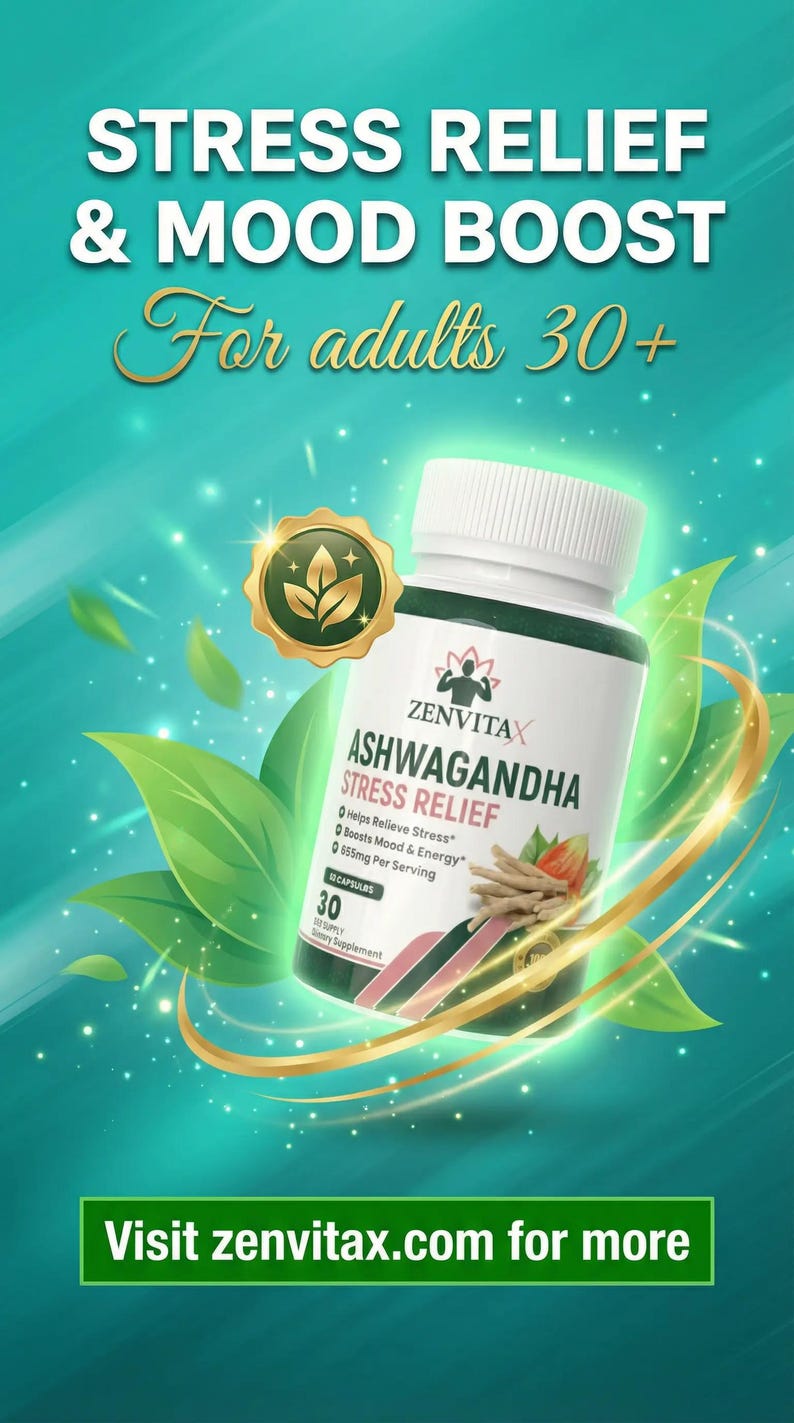 May include: A bottle of Zenvitax Ashwagandha Stress Relief capsules. The label highlights the product's benefits and contains the text "Helps Relieve Stress" and "Boosts Mood & Energy". The image also includes the text "For adults 30+" and "Visit zenvitax.com for more".