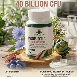 May include: A white bottle of Zenvitax Probiotic with a green and white label, containing 30 capsules and 40 billion CFU. The label highlights key benefits like a healthy digestive system and strong immunity. The image includes text: "Unlock Optimal Health with Zenvitax".