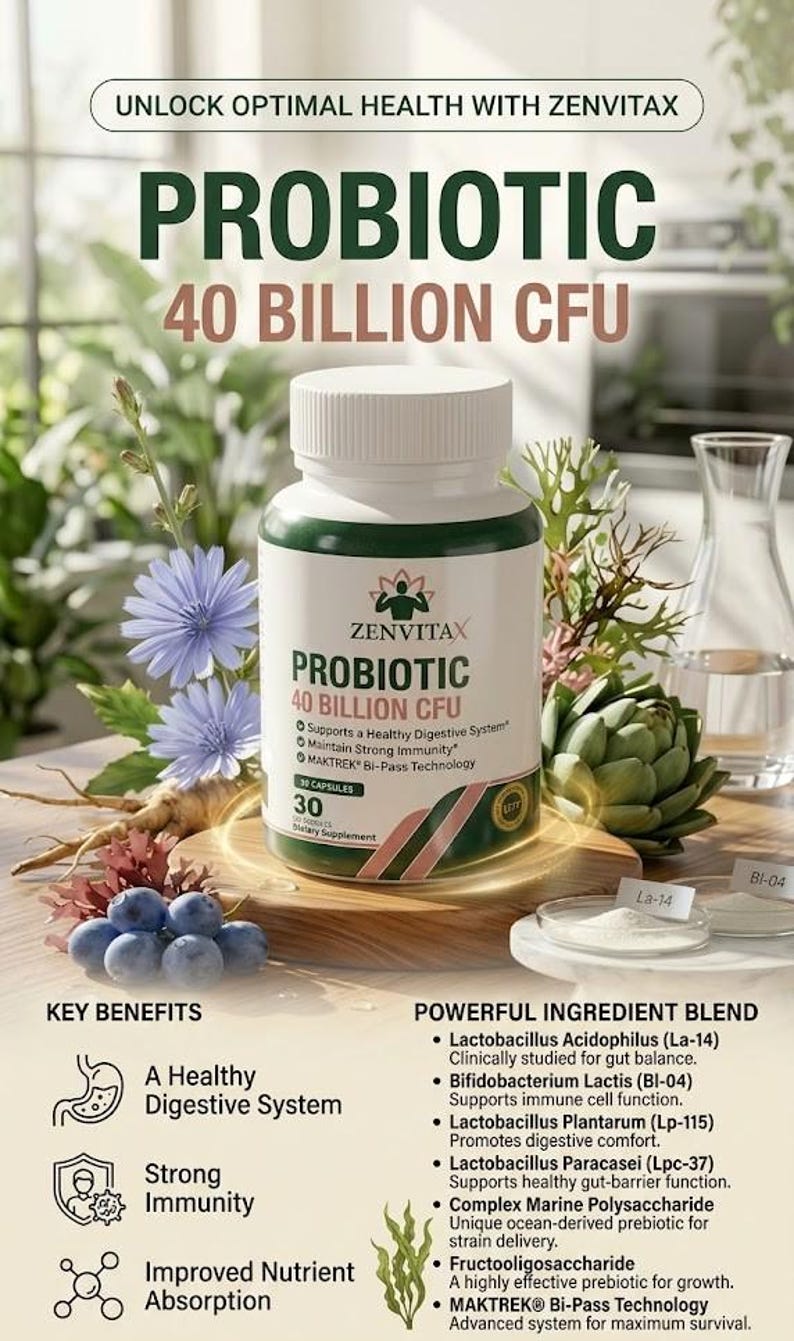 May include: A white bottle of Zenvitax Probiotic with a green and white label, containing 30 capsules and 40 billion CFU. The label highlights key benefits like a healthy digestive system and strong immunity. The image includes text: "Unlock Optimal Health with Zenvitax".