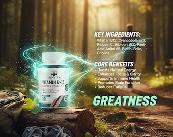 Vitamin B-12 Energy Complex – Natural Boost for Focus, Clarity , Vitality – Vegan & Gluten-Free Energy Supplement