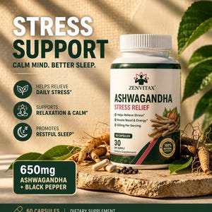 May include: A white bottle of ZenVitax Ashwagandha Stress Relief capsules. The label highlights benefits like stress relief, mood boost, and energy. The image includes text: "Stress Support, Calm Mind, Better Sleep." The bottle is on a stone surface.
