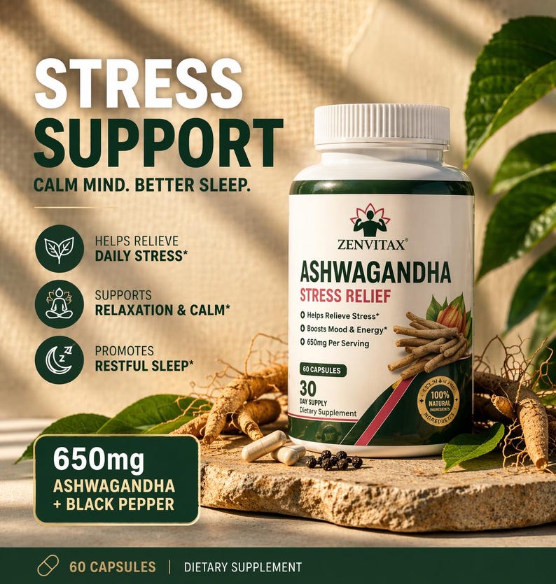 May include: A white bottle of ZenVitax Ashwagandha Stress Relief capsules. The label highlights benefits like stress relief, mood boost, and energy. The image includes text: "Stress Support, Calm Mind, Better Sleep." The bottle is on a stone surface.