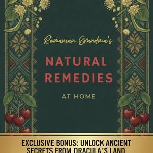 May include: A book cover with the title "Romanian Grandma's Natural Remedies at Home." The design features floral and geometric patterns in gold and teal, with cherries and garlic illustrations. Includes a bonus e-book.