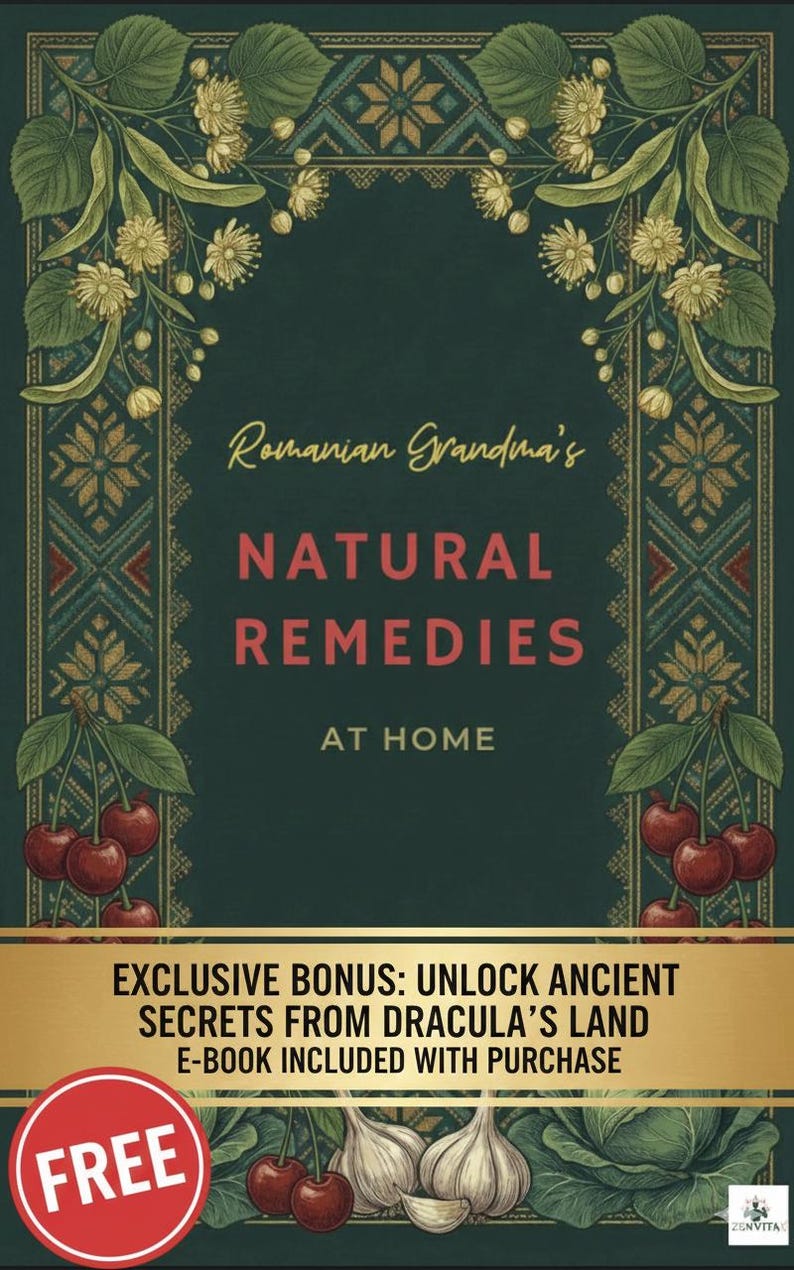 May include: A book cover with the title "Romanian Grandma's Natural Remedies at Home." The design features floral and geometric patterns in gold and teal, with cherries and garlic illustrations. Includes a bonus e-book.