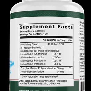 May include: A white plastic bottle with a green label containing supplement facts. The label lists ingredients including Lactobacillus Acidophilus and Complex Marine Polysaccharide. The bottle has a white cap and contains 30 servings.