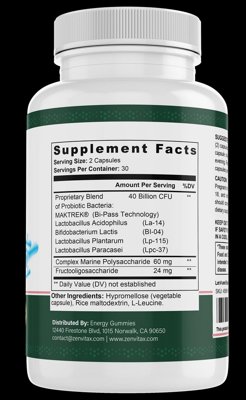 May include: A white plastic bottle with a green label containing supplement facts. The label lists ingredients including Lactobacillus Acidophilus and Complex Marine Polysaccharide. The bottle has a white cap and contains 30 servings.